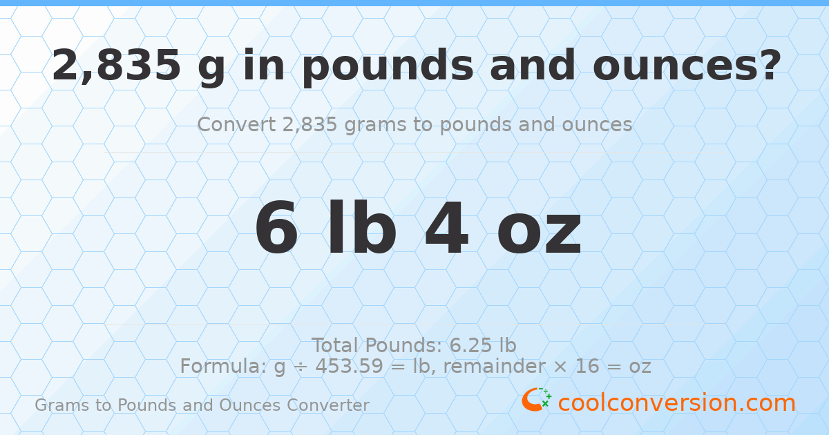 2835 g to lb and oz — 2835 g = 6 lb 4 oz