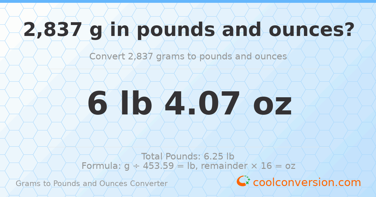 2837 g to lb and oz — 2837 g = 6 lb 4.07 oz