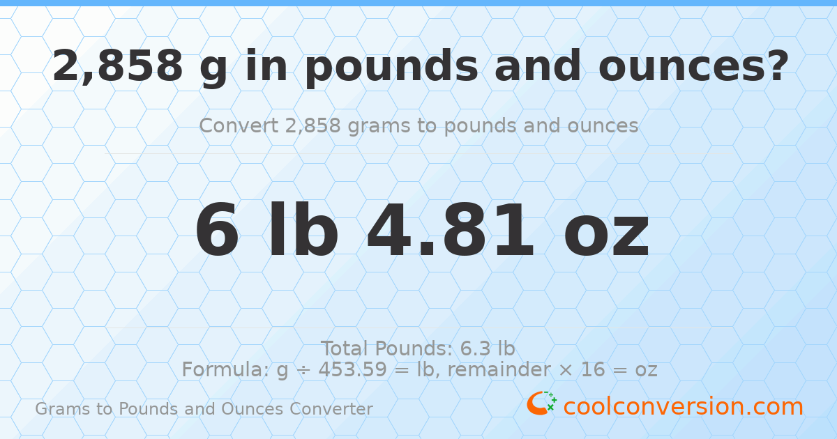 2858 g to lb and oz — 2858 g = 6 lb 4.81 oz