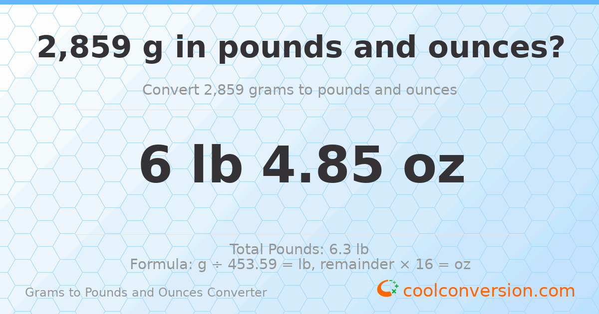 2859 g to lb and oz — 2859 g = 6 lb 4.85 oz