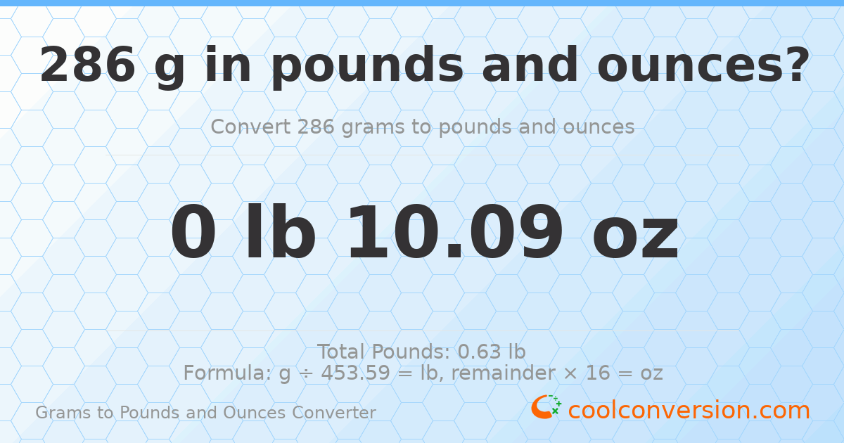 286 g to lb and oz — 286 g = 0 lb 10.09 oz