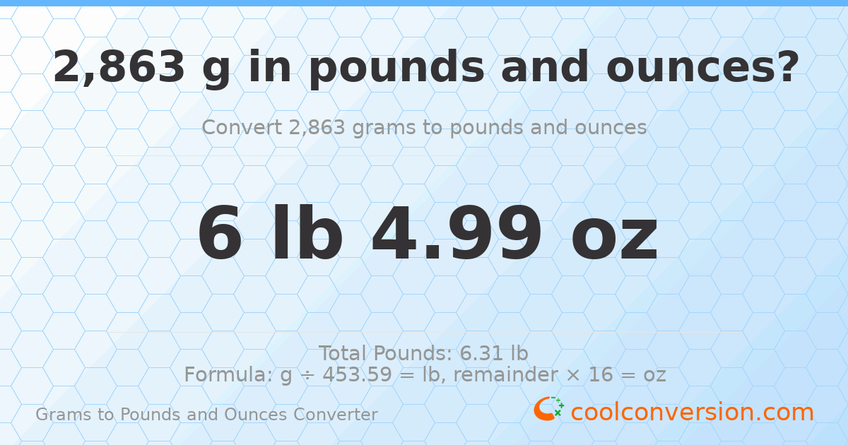 2863 g to lb and oz — 2863 g = 6 lb 4.99 oz