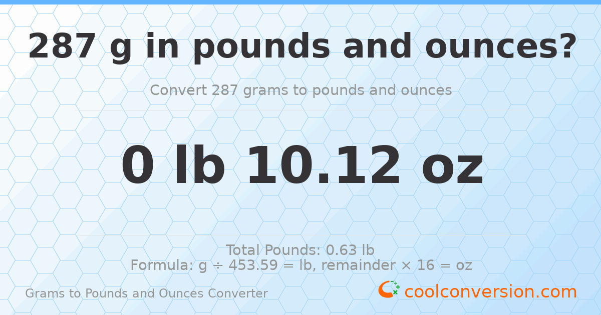 287 g to lb and oz — 287 g = 0 lb 10.12 oz