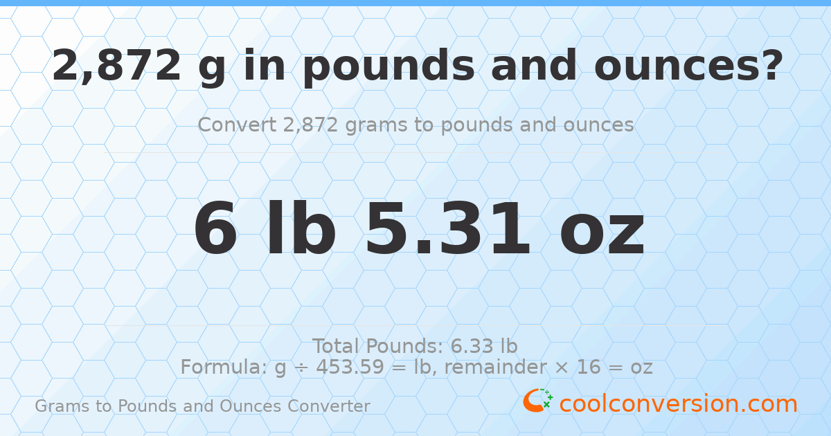 2872 g to lb and oz — 2872 g = 6 lb 5.31 oz