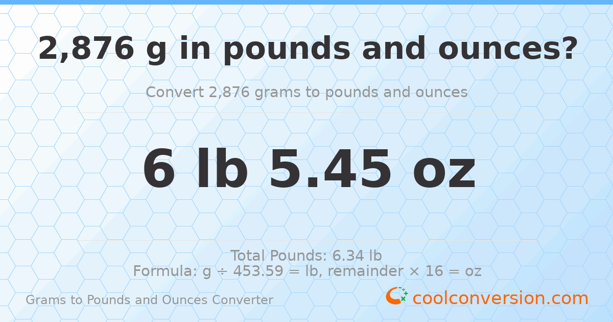 2876 g to lb and oz — 2876 g = 6 lb 5.45 oz