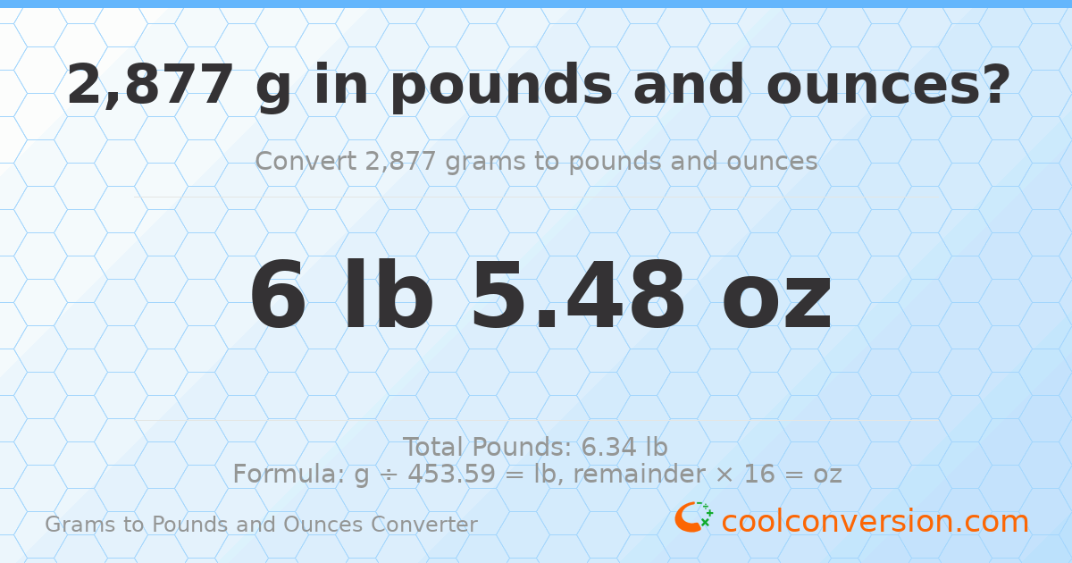 2877 g to lb and oz — 2877 g = 6 lb 5.48 oz