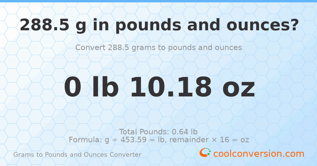 288.5 g to lb and oz — 288.5 g = 0 lb 10.18 oz
