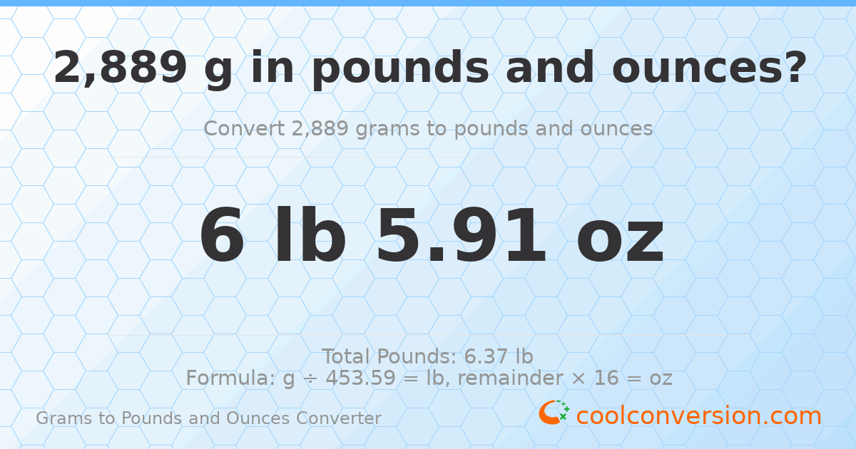 2889 g to lb and oz — 2889 g = 6 lb 5.91 oz
