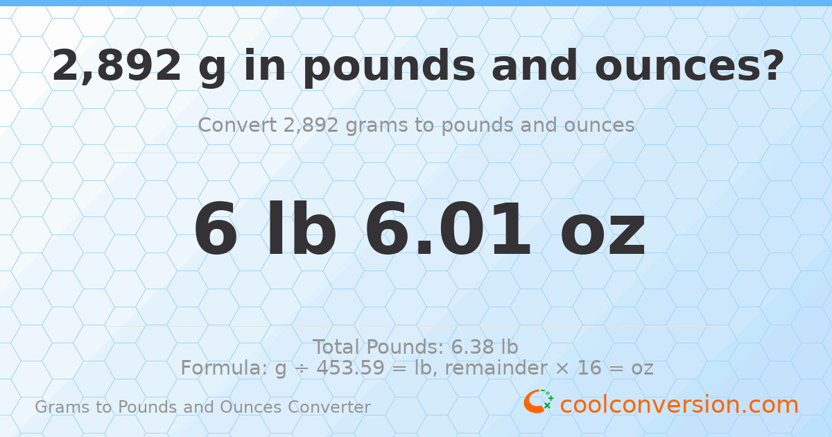 2892 g to lb and oz — 2892 g = 6 lb 6.01 oz