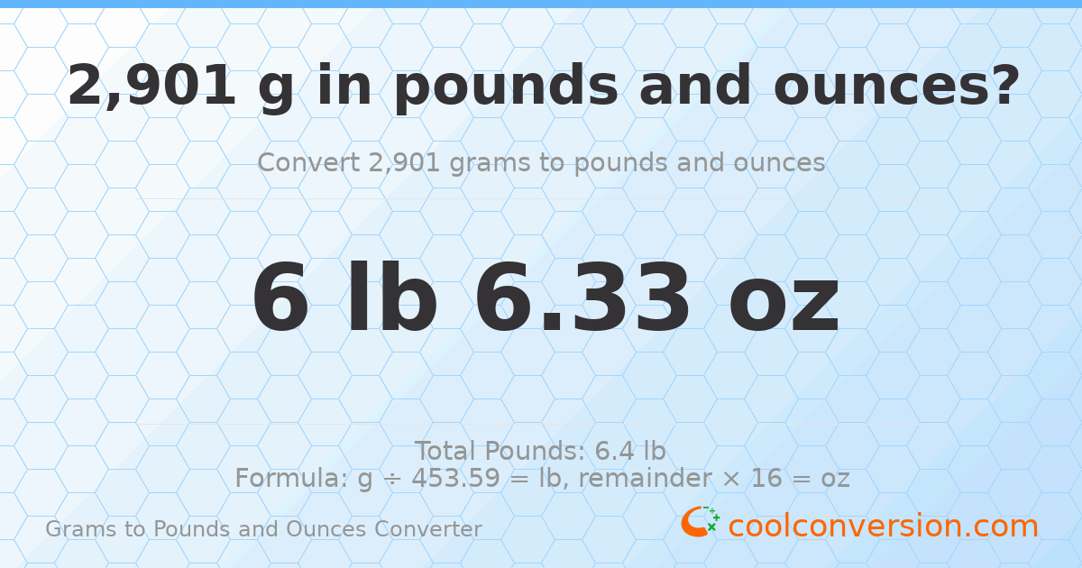 2901 g to lb and oz — 2901 g = 6 lb 6.33 oz