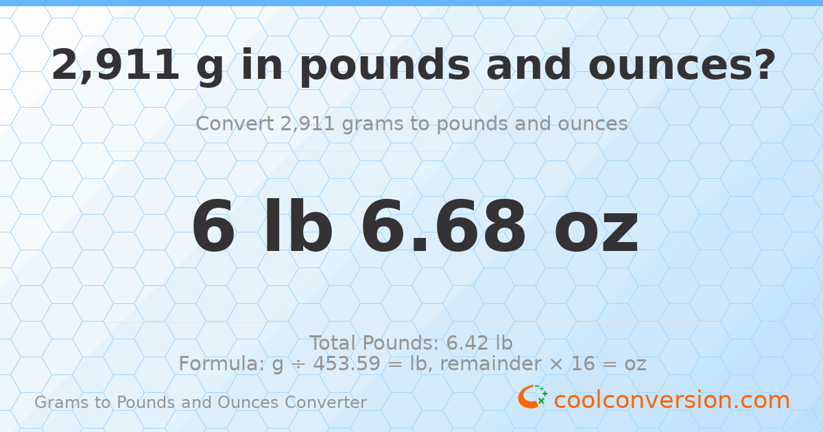 2911 g to lb and oz — 2911 g = 6 lb 6.68 oz
