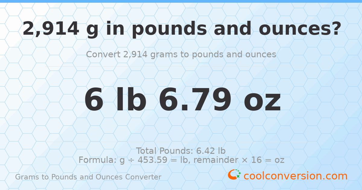 2914 g to lb and oz — 2914 g = 6 lb 6.79 oz
