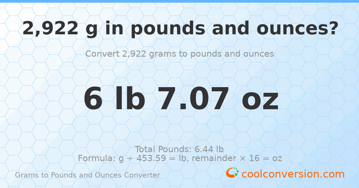 2922 g to lb and oz — 2922 g = 6 lb 7.07 oz