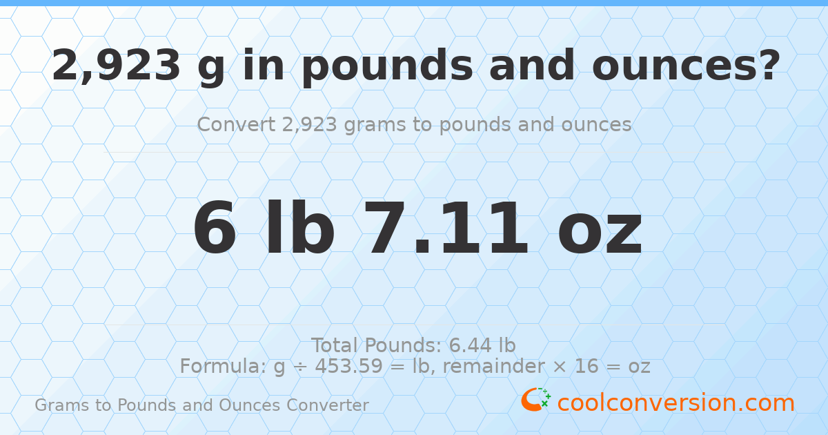 2923 g to lb and oz — 2923 g = 6 lb 7.11 oz