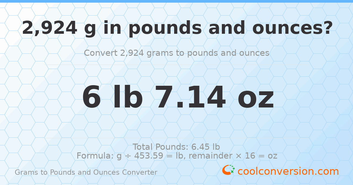 2924 g to lb and oz — 2924 g = 6 lb 7.14 oz