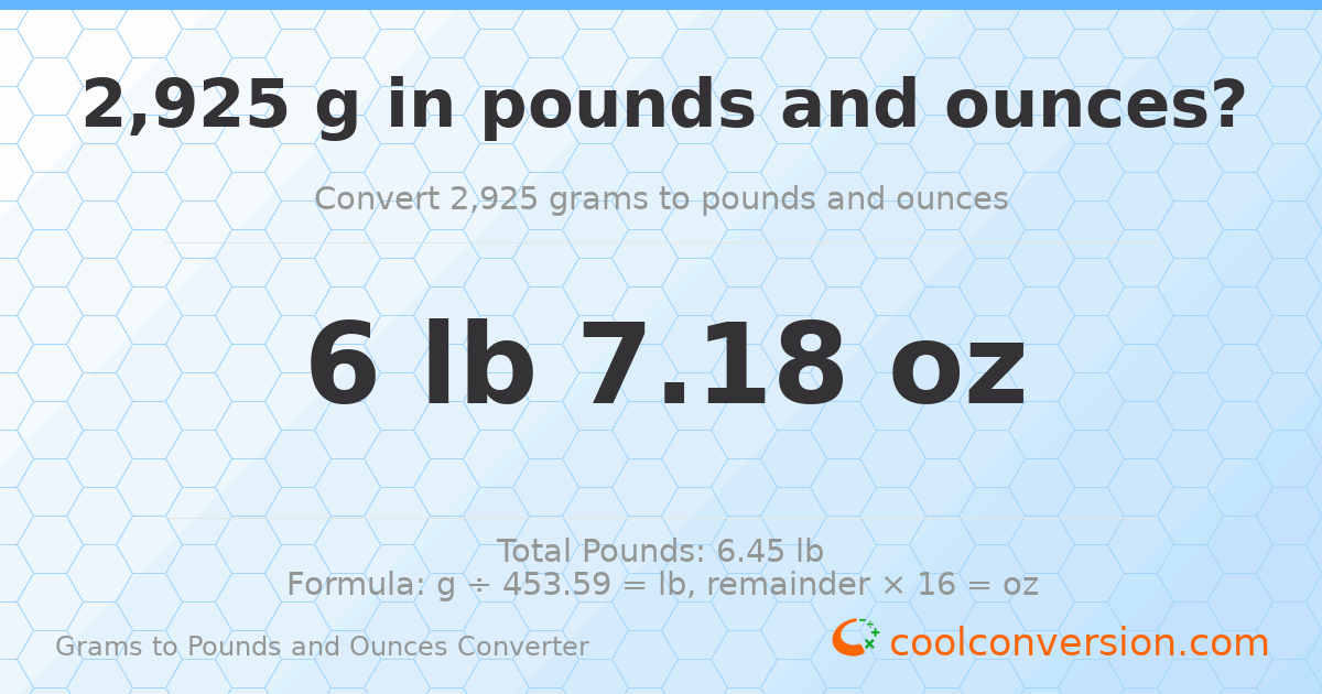 2925 g to lb and oz — 2925 g = 6 lb 7.18 oz