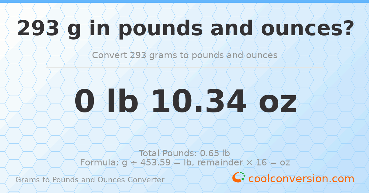 293 g to lb and oz — 293 g = 0 lb 10.34 oz