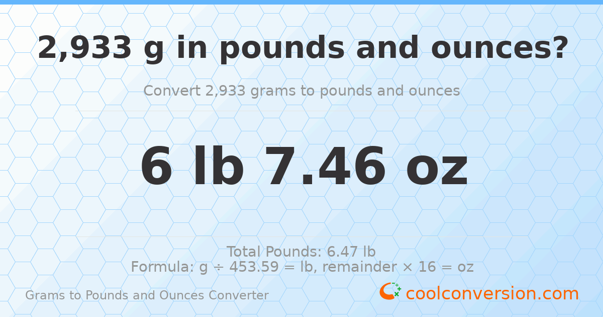 2933 g to lb and oz — 2933 g = 6 lb 7.46 oz