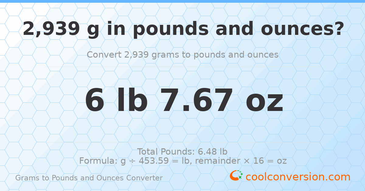 2939 g to lb and oz — 2939 g = 6 lb 7.67 oz