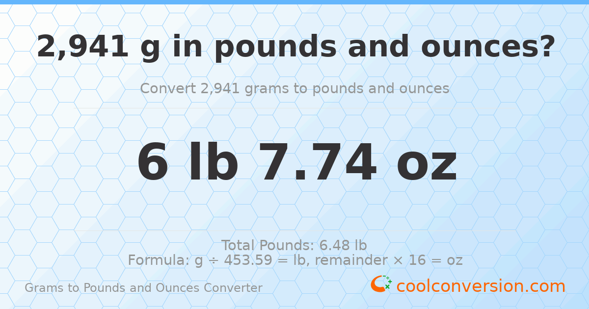 2941 g to lb and oz — 2941 g = 6 lb 7.74 oz