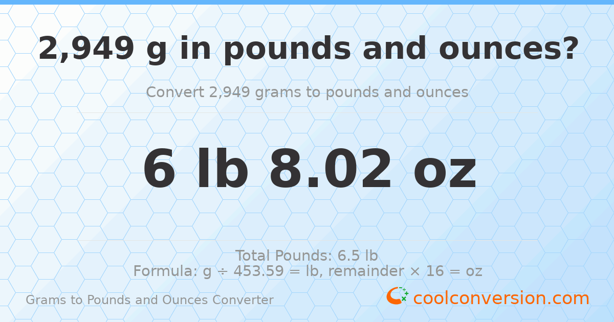2949 g to lb and oz — 2949 g = 6 lb 8.02 oz