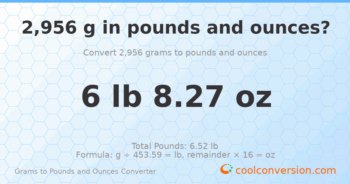 2956 g to lb and oz — 2956 g = 6 lb 8.27 oz
