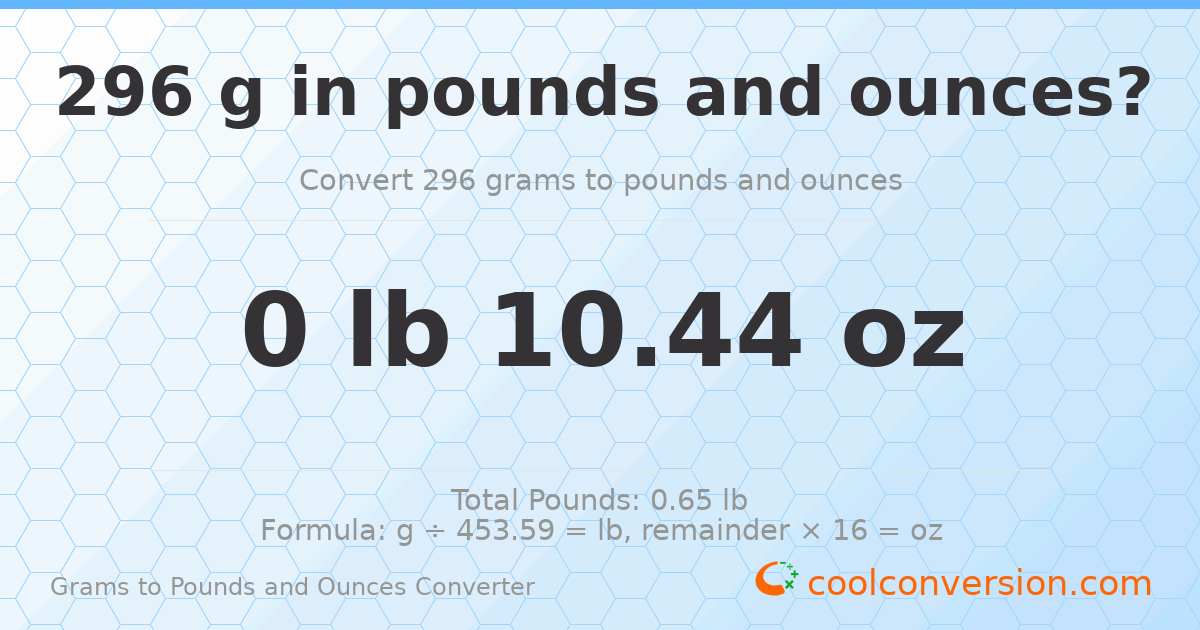 296 g to lb and oz — 296 g = 0 lb 10.44 oz