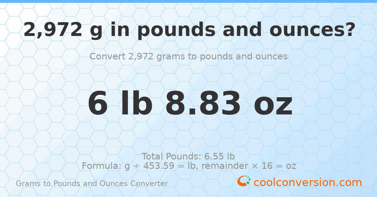 2972 g to lb and oz — 2972 g = 6 lb 8.83 oz
