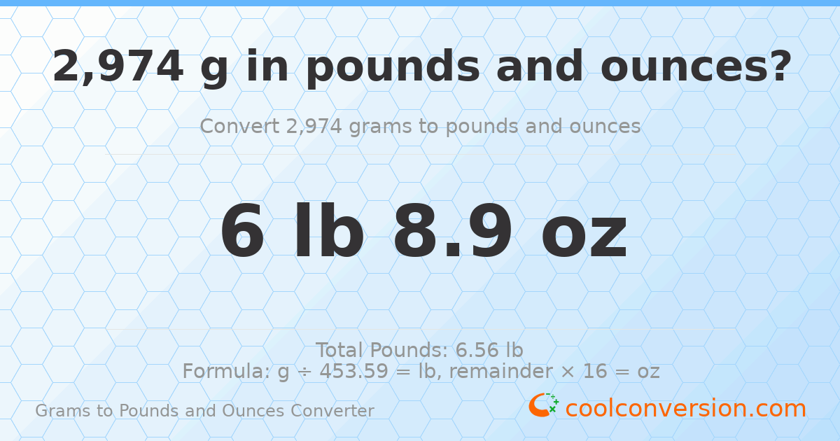 2974 g to lb and oz — 2974 g = 6 lb 8.9 oz