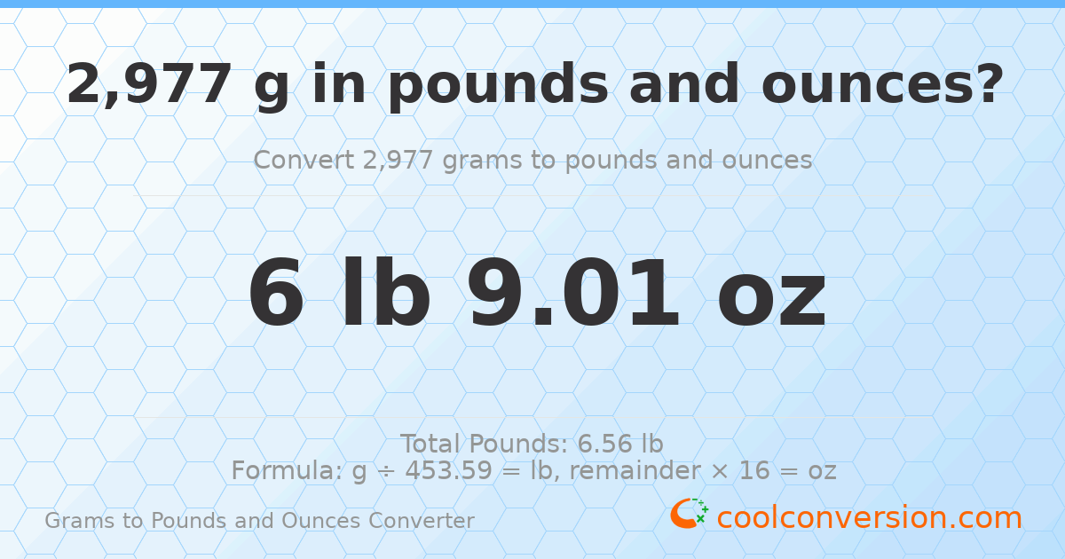 2977 g to lb and oz — 2977 g = 6 lb 9.01 oz