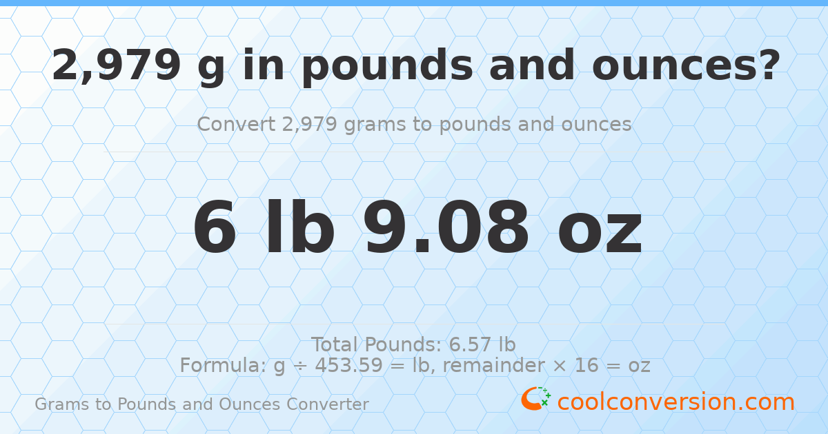 2979 g to lb and oz — 2979 g = 6 lb 9.08 oz