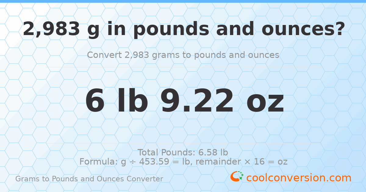 2983 g to lb and oz — 2983 g = 6 lb 9.22 oz