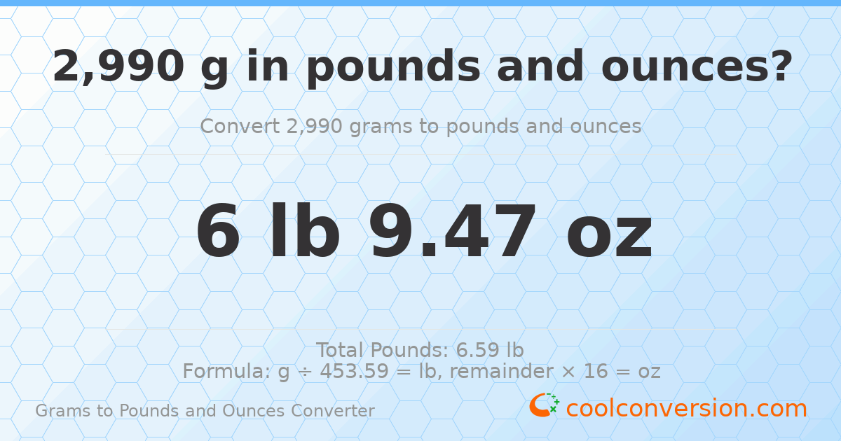 2990 g to lb and oz — 2990 g = 6 lb 9.47 oz