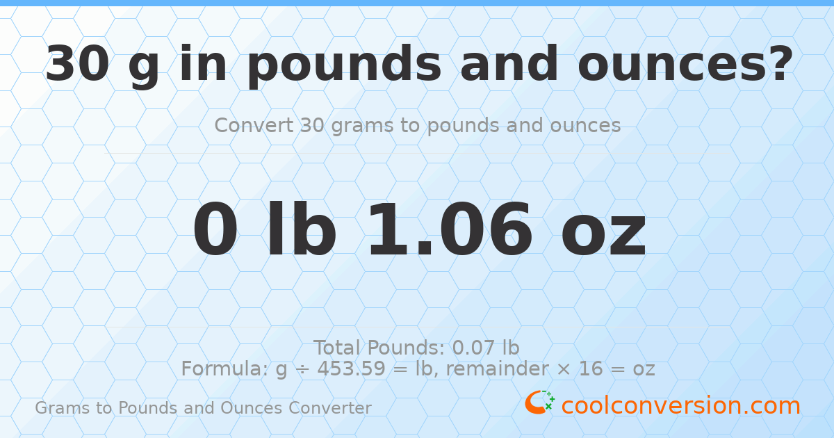 30 g to lb and oz — 30 g = 0 lb 1.06 oz
