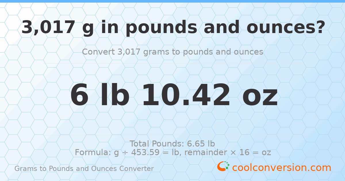 3017 g to lb and oz — 3017 g = 6 lb 10.42 oz