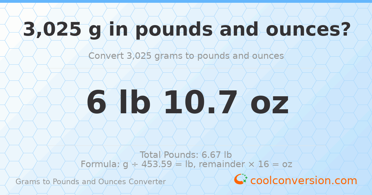 3025 g to lb and oz — 3025 g = 6 lb 10.7 oz