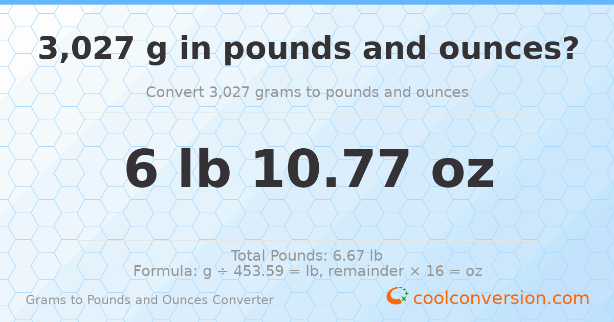 3027 g to lb and oz — 3027 g = 6 lb 10.77 oz