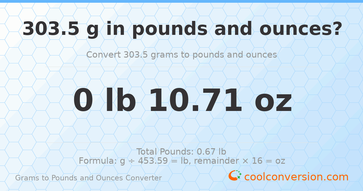 303.5 g to lb and oz — 303.5 g = 0 lb 10.71 oz