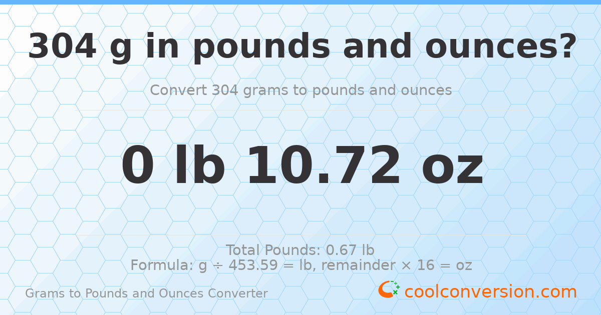 304 g to lb and oz — 304 g = 0 lb 10.72 oz