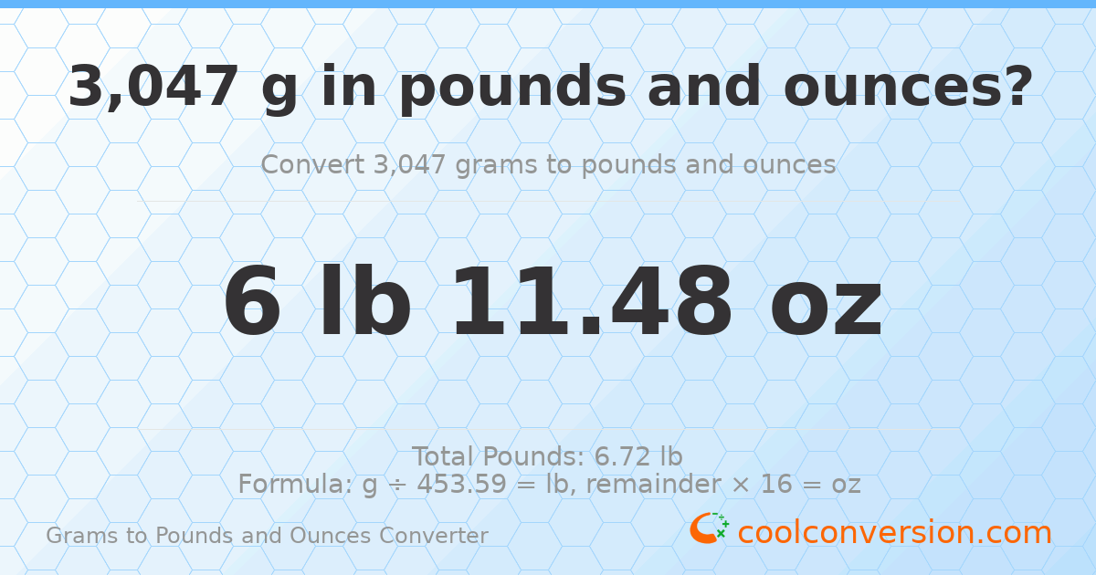3047 g to lb and oz — 3047 g = 6 lb 11.48 oz