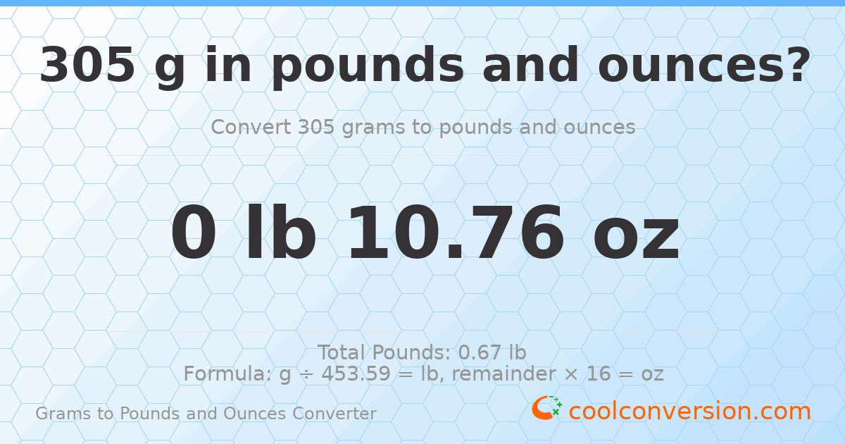 305 g to lb and oz — 305 g = 0 lb 10.76 oz