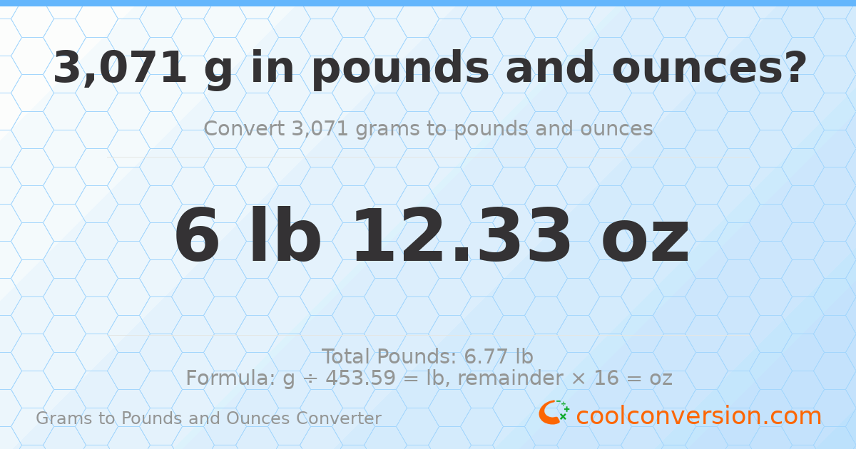 3071 g to lb and oz — 3071 g = 6 lb 12.33 oz