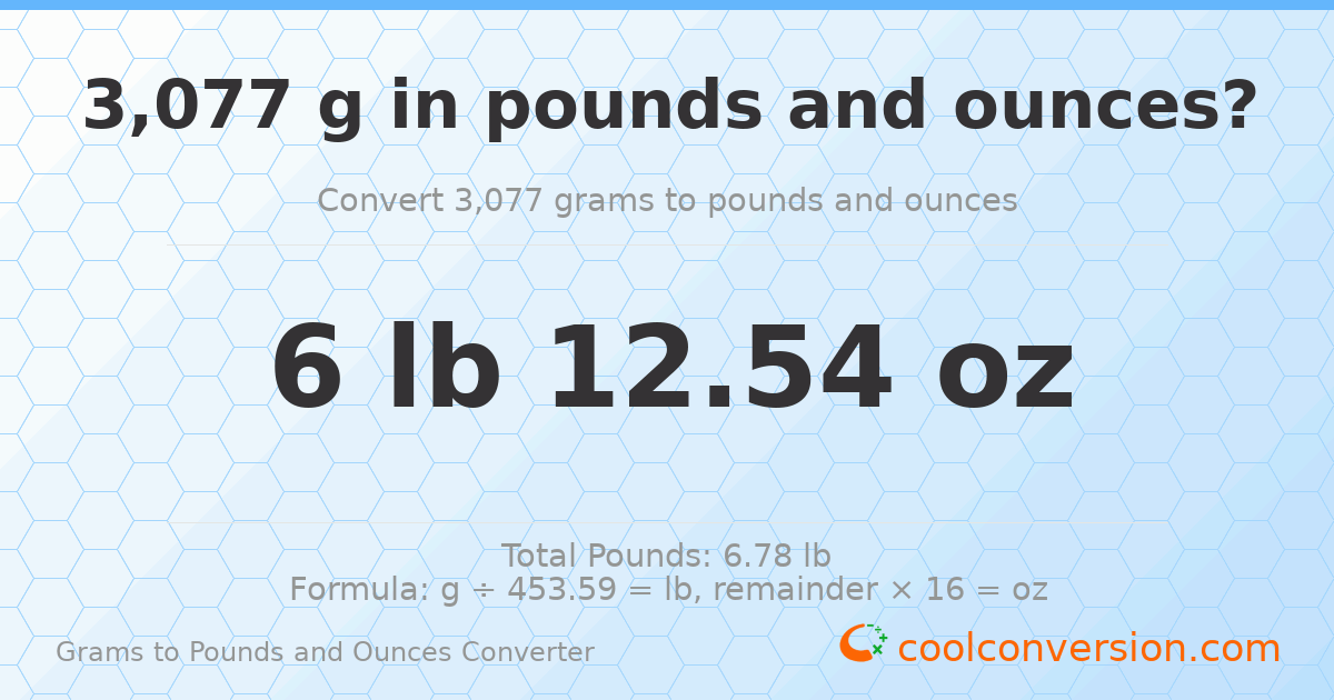 3077 g to lb and oz — 3077 g = 6 lb 12.54 oz