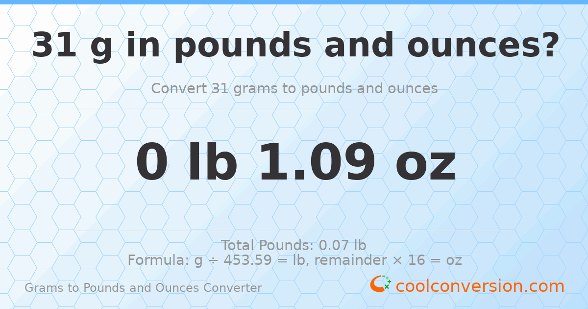 31 g to lb and oz — 31 g = 0 lb 1.09 oz