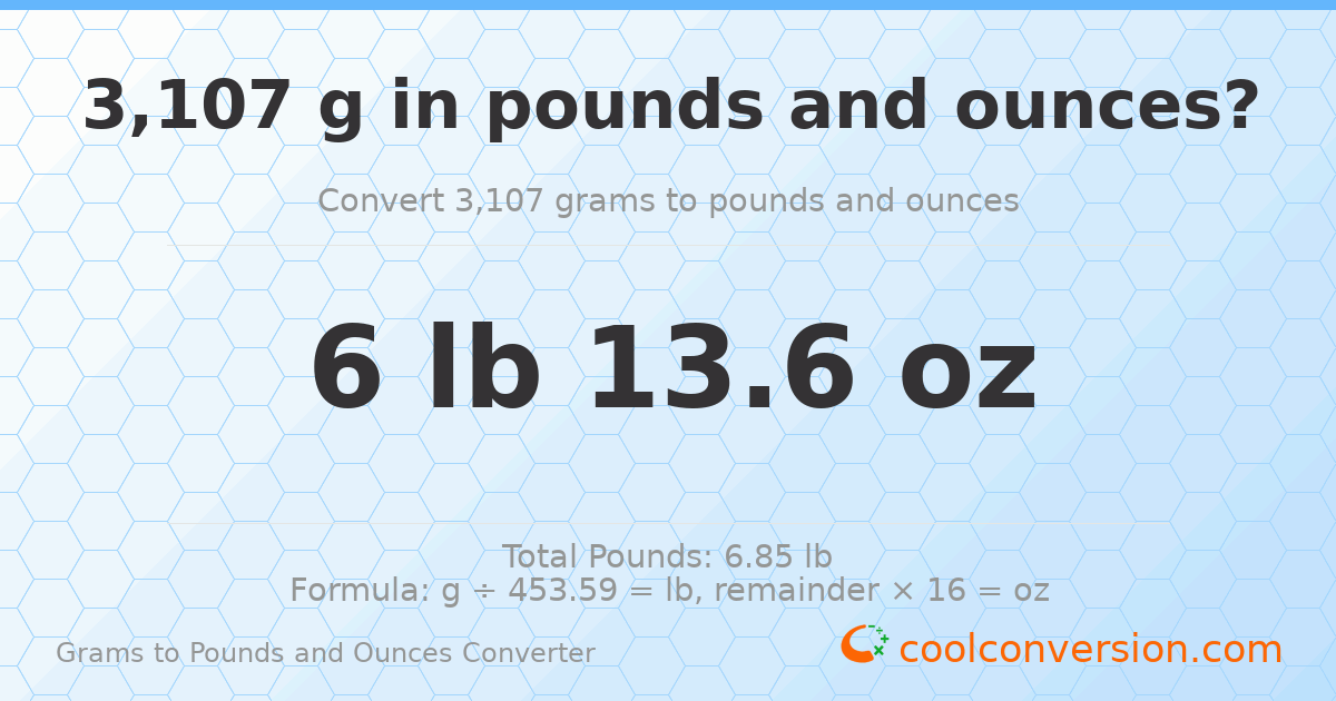 3107 g to lb and oz — 3107 g = 6 lb 13.6 oz