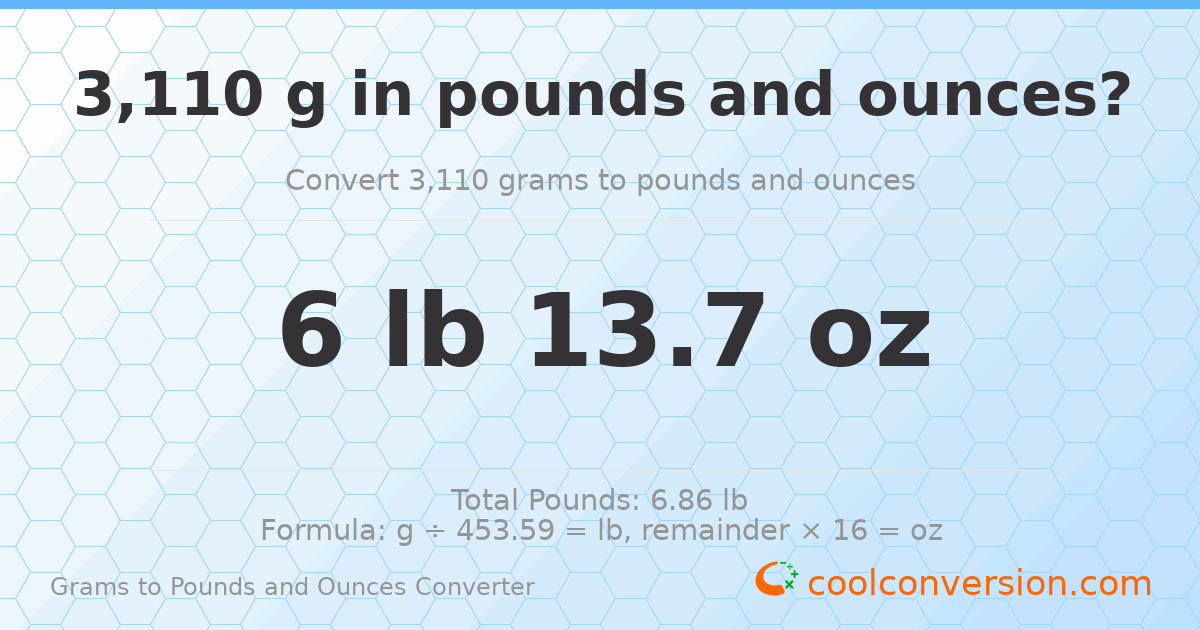 3110 g to lb and oz — 3110 g = 6 lb 13.7 oz