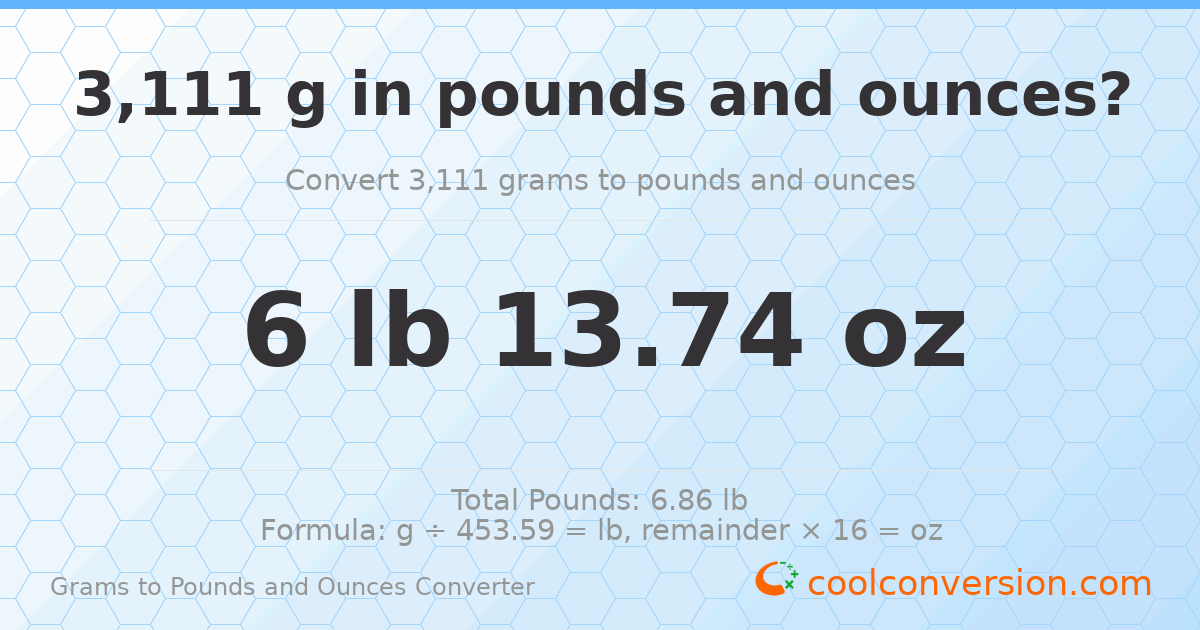 3111 g to lb and oz — 3111 g = 6 lb 13.74 oz