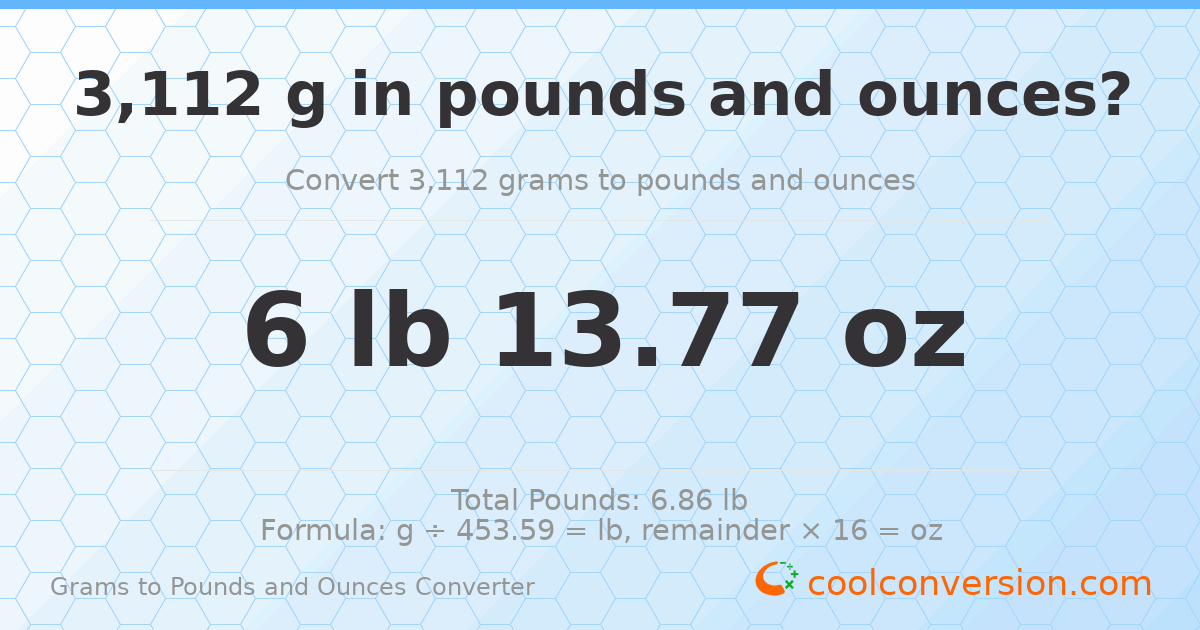 3112 g to lb and oz — 3112 g = 6 lb 13.77 oz