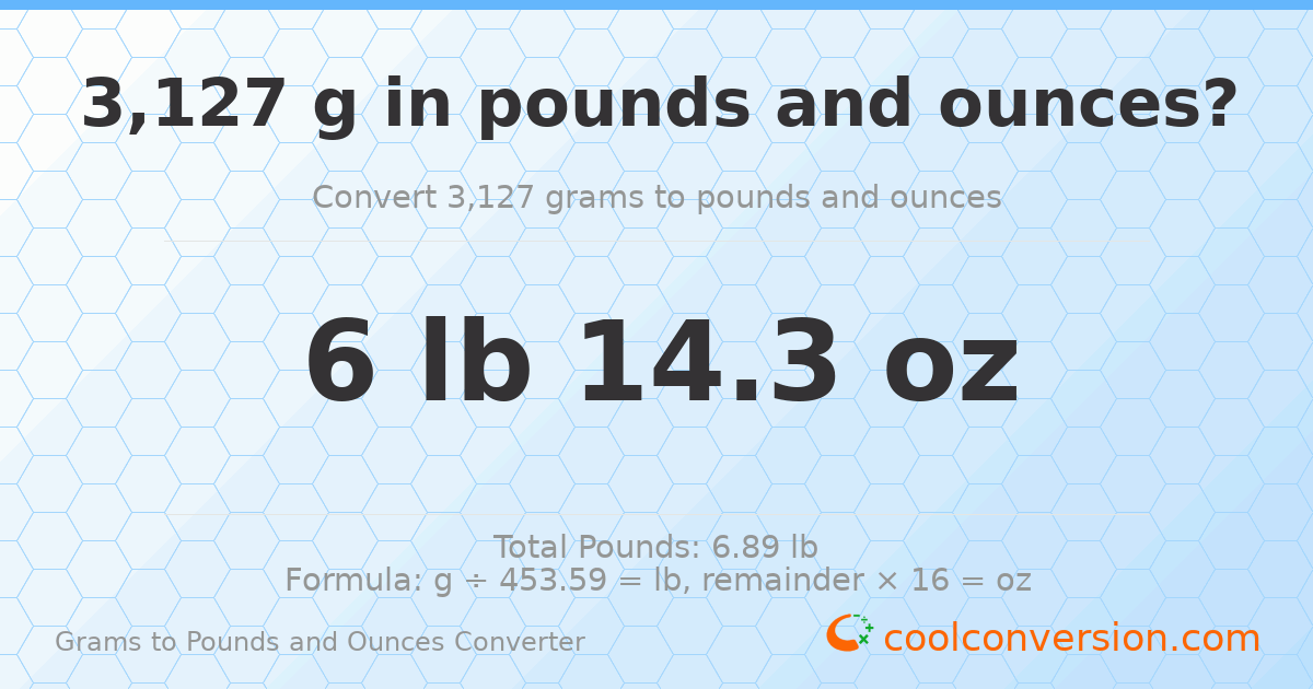 3127 g to lb and oz — 3127 g = 6 lb 14.3 oz