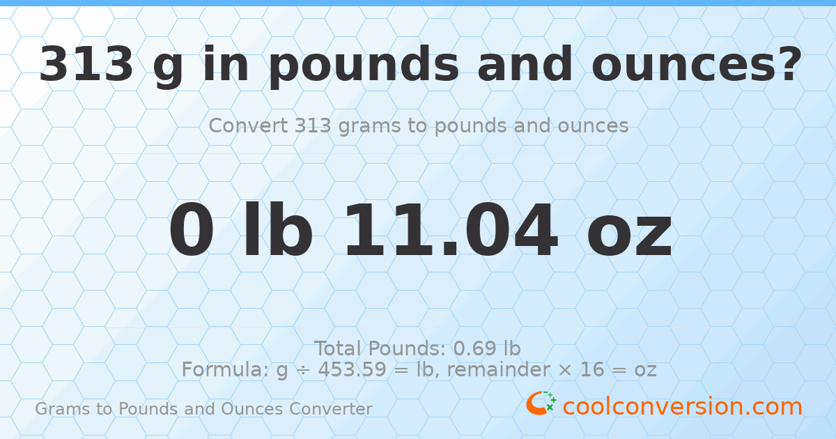 313 g to lb and oz — 313 g = 0 lb 11.04 oz